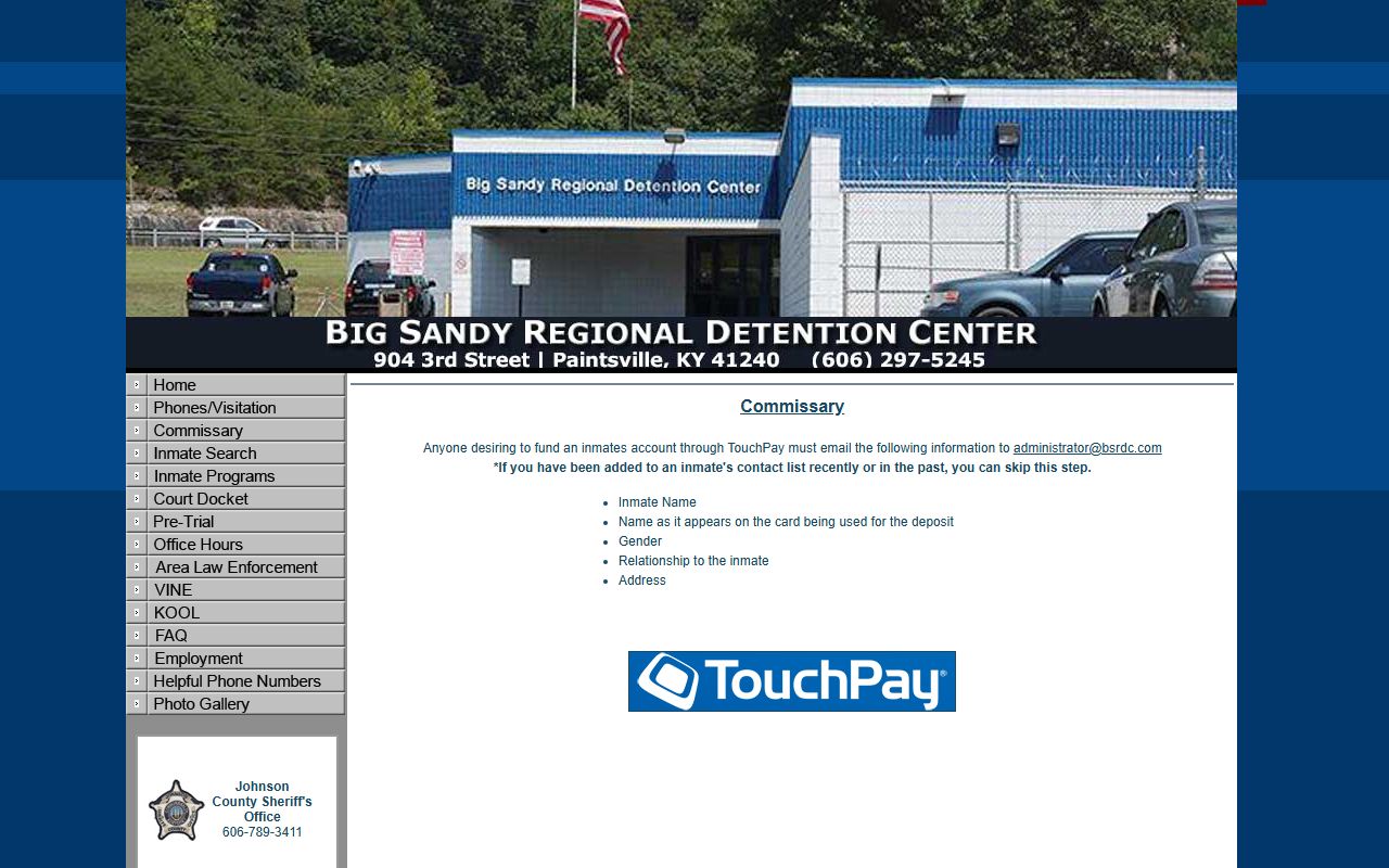 Big Sandy Regional Detention Center commissary instructions for Martin County inmate accounts