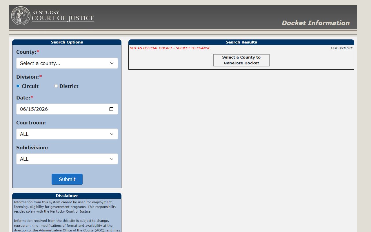 Kentucky docket search fields for Martin County court records after arrest