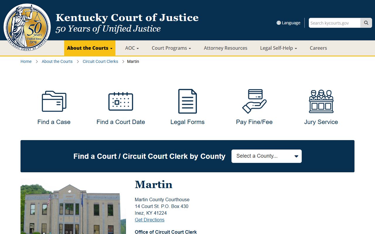 Martin County Kentucky court records clerk contact page